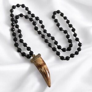 Very Long Faceted Black Glass Bead Horn Necklace